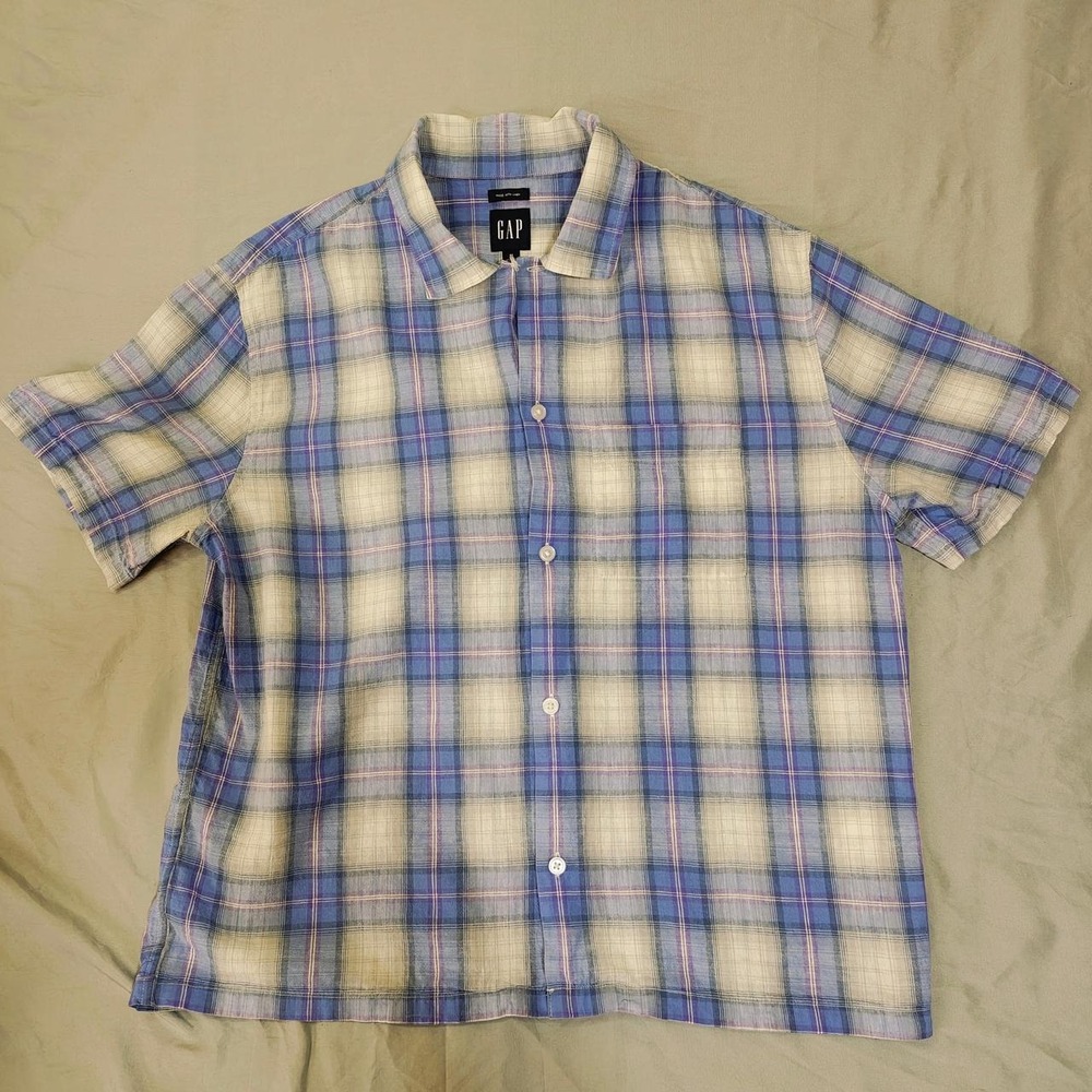 Gap Mens Blue White Plaid Linen Blend Short Sleeve Button Up Shirt Size M